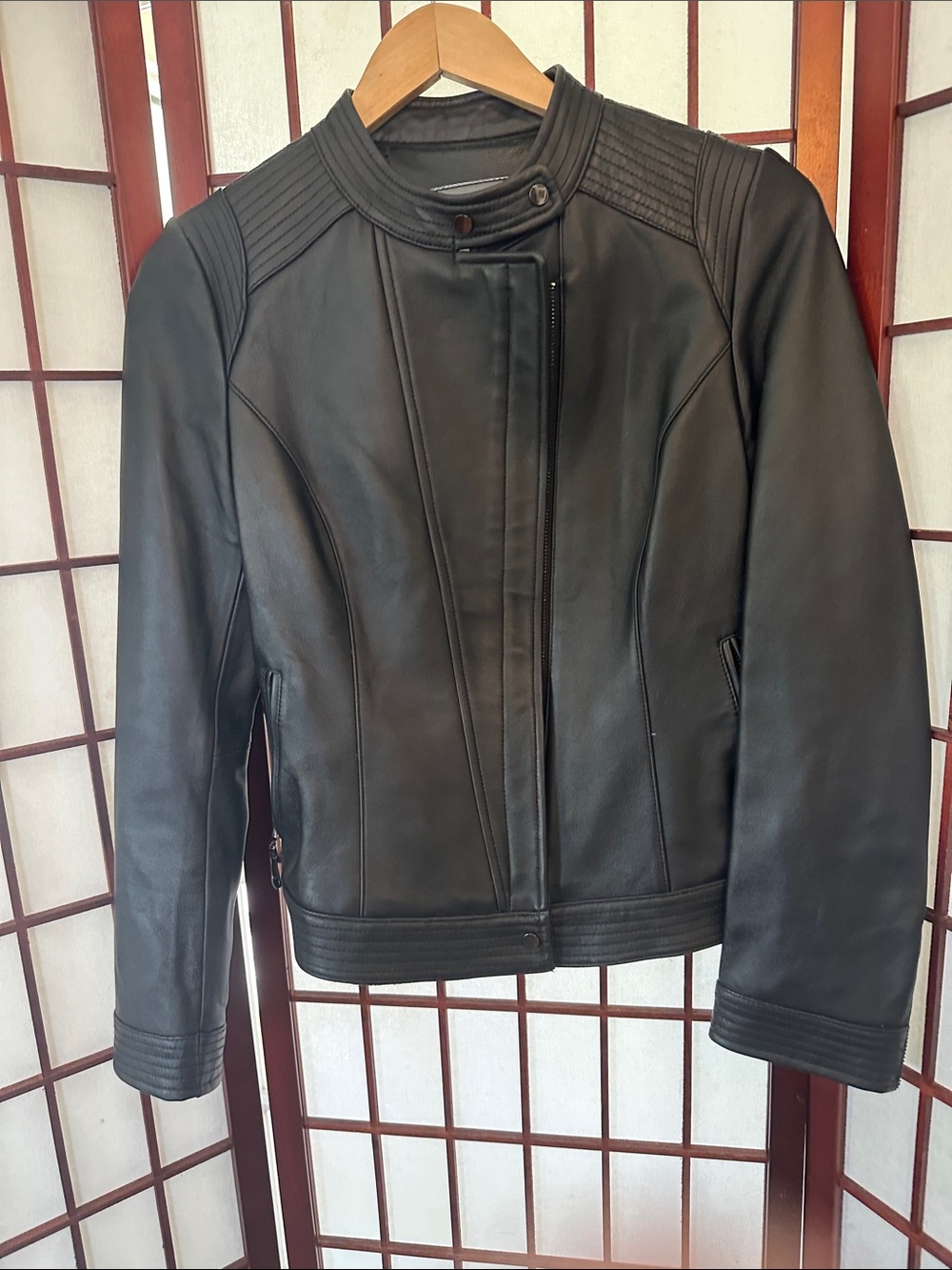 Classic Black Leather Moto Jacket with Quilted Shoulder Detail